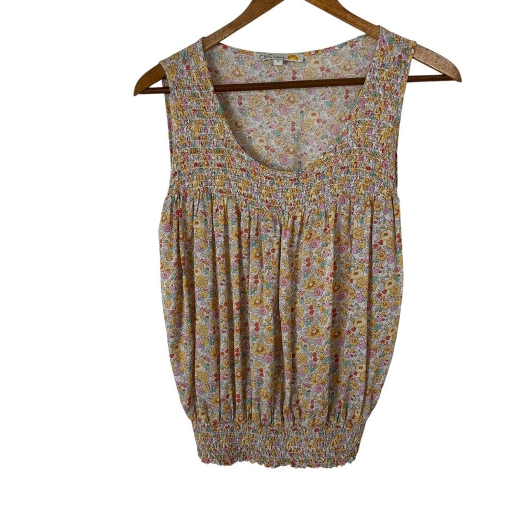 C&C California Floral Sleeveless Blouse Tanktop Pastel Multicolor Small Smocked